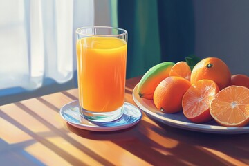 Wall Mural - A glass of orange juice beside a plate of fresh oranges on a sunlit table.