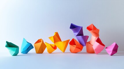 Wall Mural - an evocative scene of a variety of unique, multi-colored origami shapes interlocking to form a cohes