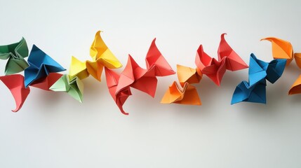 Wall Mural - an evocative scene of a variety of unique, multi-colored origami shapes interlocking to form a cohes