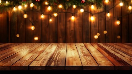 Canvas Print - Una mesa de un mostrador de madera, al fondo luces desenfocadas, Navidad