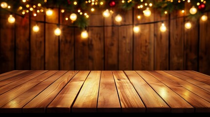 Canvas Print - Una mesa de un mostrador de madera, al fondo luces desenfocadas, Navidad