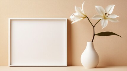 Poster - Minimalist white photo frame with decorative lilies on beige background for elegant display and text placement.