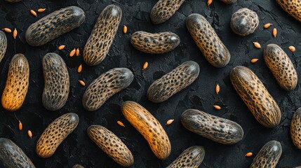 Poster - Cucumber seeds and cucumbers arranged artistically on a dark textured background showcasing nature's intricate designs