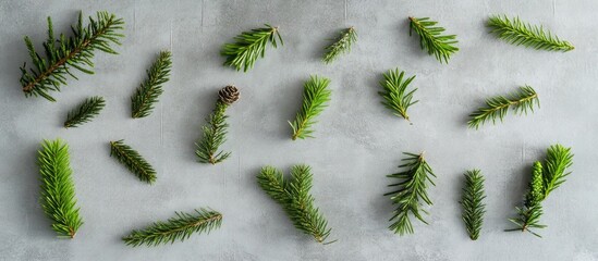 Poster - Fir branches arranged artistically on a gray surface showcasing nature's details and textures for seasonal or botanical themes