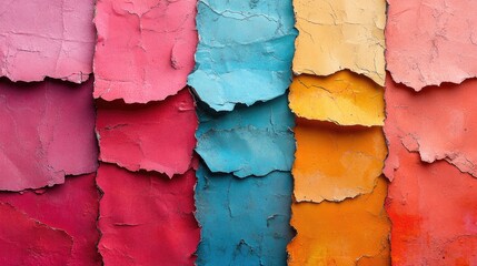 Poster - Colorful torn paper collage texture with vibrant hues of pink blue orange creating a vintage material design background for creative projects