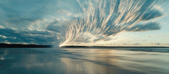 Poster - Dynamic long exposure of dramatic cloud patterns over a serene beach at sunset reflecting vibrant colors in the evening sky