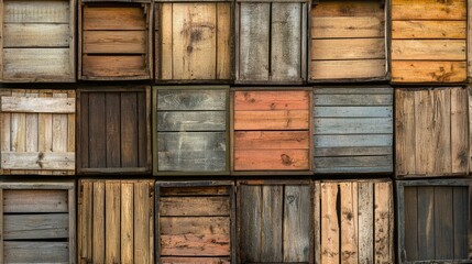 Poster - Stacked wooden crates in various colors and textures showcasing rustic and natural designs for backgrounds and creative projects