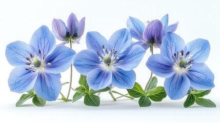 Poster - Blue columbine flowers arranged artistically on a light white background showcasing their delicate petals and vibrant colors