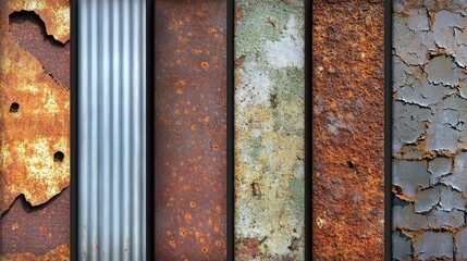 Poster - Rusty metal textures collection showcasing various patterns of corrosion and degradation on surfaces for industrial and artistic use.