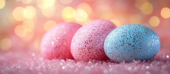 Poster - pastel easter eggs with glitter in soft focus surrounded by sparkling bokeh background creating a fe