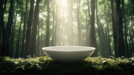 Poster - Serene white bowl on mossy forest floor illuminated by soft sunlight filtering through lush green trees