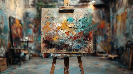 Poster - Wooden easel displaying colorful abstract painting in vibrant artist studio with textured walls and creative atmosphere.