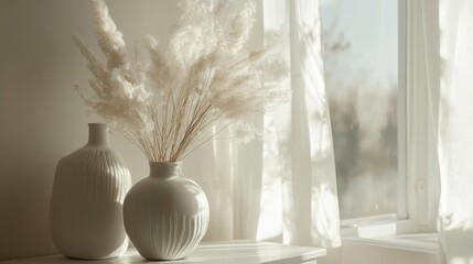 Poster - Elegant white vases with dried grass displayed on a minimalist table near a bright window in a soft, serene interior setting