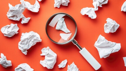 Poster - Searching for innovative ideas concept with magnifying glass and crumpled paper on vibrant red background for creative business inspiration