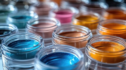 Poster - Colorful cosmetic containers arranged neatly on a white background showcasing their vibrant hues and reflections.