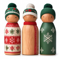 Three peg dolls wearing Christmas sweaters