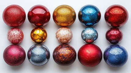 Poster - Gleaming decorative spheres in vibrant colors arranged on a white background for artistic and creative design concepts