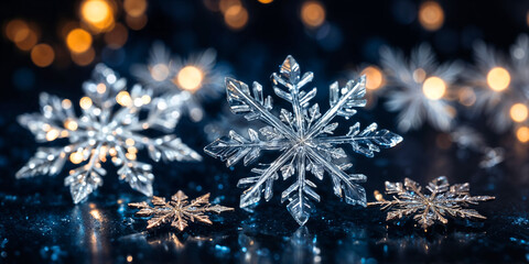 Wall Mural - magical white snowflakes over glitter dark background