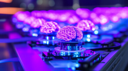 Poster - Artificial intelligence isometric landing page, ai technologies, glowing human brain levitate on antigravity platform with microcircuits on neon glowing futuristic background, 3d vector web banner