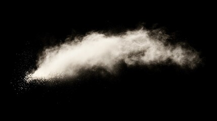 Poster - Dynamic explosion of white powder creating a misty cloud against a dark backdrop showcasing motion and texture in fine dust particles