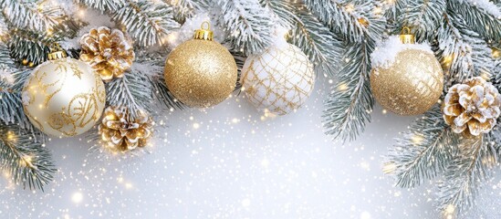 Poster - Elegant Christmas tree decoration featuring gold ornaments and pine cones on frosted branches with a sparkling snowy background.