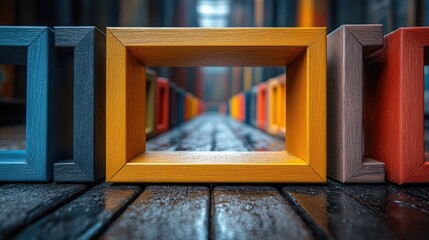 Poster - Colorful wooden picture frames arranged in a creative display on a textured wooden floor in an artistic setting.