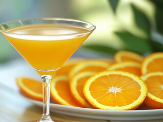 A refreshing orange cocktail served in a glass, surrounded by fresh orange slices.