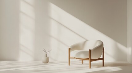 Poster - Modern minimalist wooden chair in bright room with soft shadows and simple decor, featuring a neutral color palette and serene atmosphere.