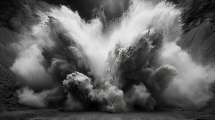 Poster - Dynamic explosion of white powder particles creating dramatic textures against a dark background for artistic or scientific use