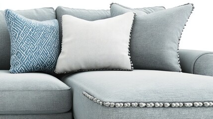 Poster - Modern silver grey sofa with decorative cushions isolated on white background showcasing elegant interior design elements.