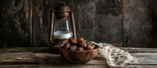 Poster - Rustic wooden bowl of dates with milk and an antique lantern on a textured wooden table creating a cozy, inviting atmosphere