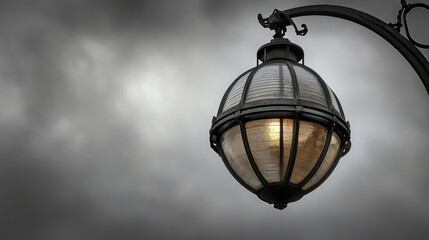 Poster - Detailed close-up of a contemporary glass street lamp illuminated against a dramatic cloudy sky creating a moody urban atmosphere.