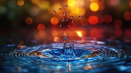 Poster - Vibrant water droplets splashing in a serene reflective surface with an artistic bokeh background creating a mesmerizing visual effect