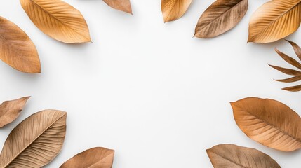 Poster - Dry leaves arranged in a circular pattern on a white background Minimalist nordic style still life with ample copy space for design