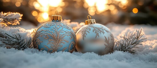 Poster - Elegant frosted Christmas baubles nestled in soft snow feathers with a warm golden light backdrop for festive decor and celebration.