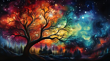 Wall Mural - Colorful cosmic tree landscape painting.