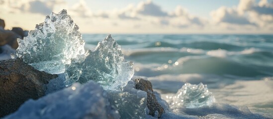 Poster - Crystal clear ice formations by the shore reflecting sunlight with gentle waves in the background on a serene frozen lake landscape