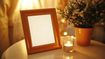 Poster - Cozy home decor with empty wooden frame candle and potted plant creating inviting atmosphere for personalized poster or artwork display