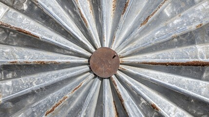 Poster - Closeup of a weathered galvanized metal structure on a pipeline cover highlighting intricate textures and rust patterns.