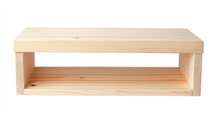 Poster - Empty pine wooden shelf on white background ideal for product display or creative staging showcasing texture and natural wood grain.