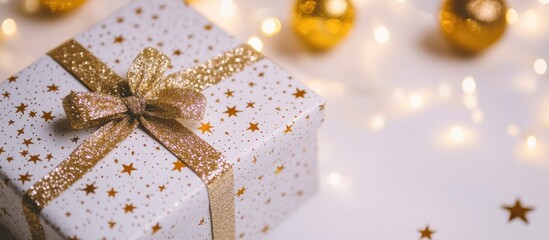 Poster - Decorative gift box with gold bow and wrapping against a blurred background of festive lights and ornaments for celebrations and holidays.