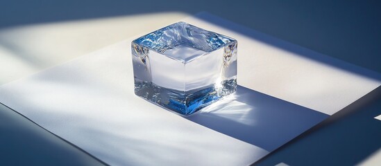 Aufkleber - Glass cube on white paper casting soft shadows in macro photography showcasing light reflections and transparency nuances