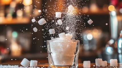 Poster - Macro shot of crystal sugar and falling sugar cubes in a glass on a blurred background showcasing sweet ingredients and culinary aesthetics