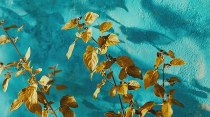 Poster - golden oregano leaves with vibrant blue background creating a striking contrast highlighting texture