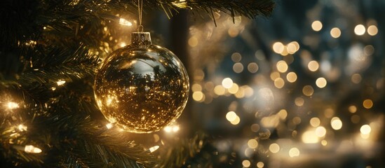 Poster - Golden Christmas ornament on evergreen tree with blurred bokeh lights creating a warm holiday ambiance in a festive setting.