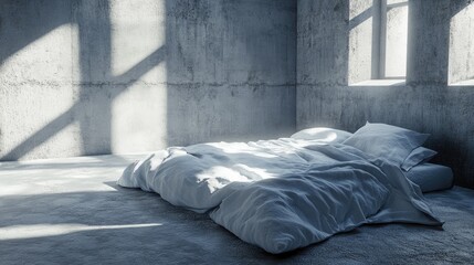 Poster - Modern minimalist bedroom interior with gray concrete walls and soft bedding illuminated by natural light from large windows