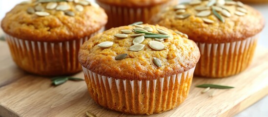 Sticker - Pumpkin muffins with rosemary and seeds displayed on a wooden surface perfect for autumn baking and seasonal recipes