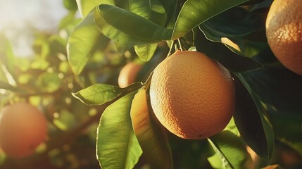 Ripe grapefruits hanging on a tree branch in a sunlit orchard showcasing vibrant fruit and foliage.