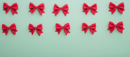 Poster - Green holiday backdrop adorned with red bows creating a festive and blank space for text or design elements. Ideal for seasonal themes.
