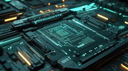 Poster - Futuristic close-up of a high-tech motherboard with detailed microcircuits and vibrant neon accents showcasing advanced technology design